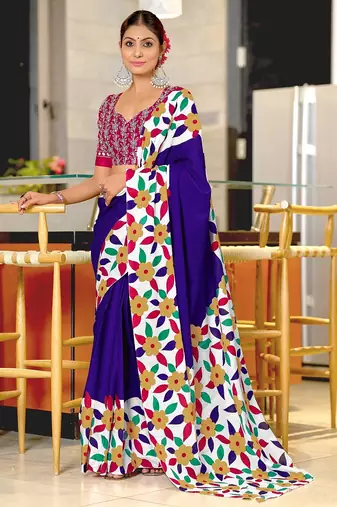 Blue floral print mulmul cotton saree with blouse.