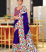 Blue floral print mulmul cotton saree with blouse.