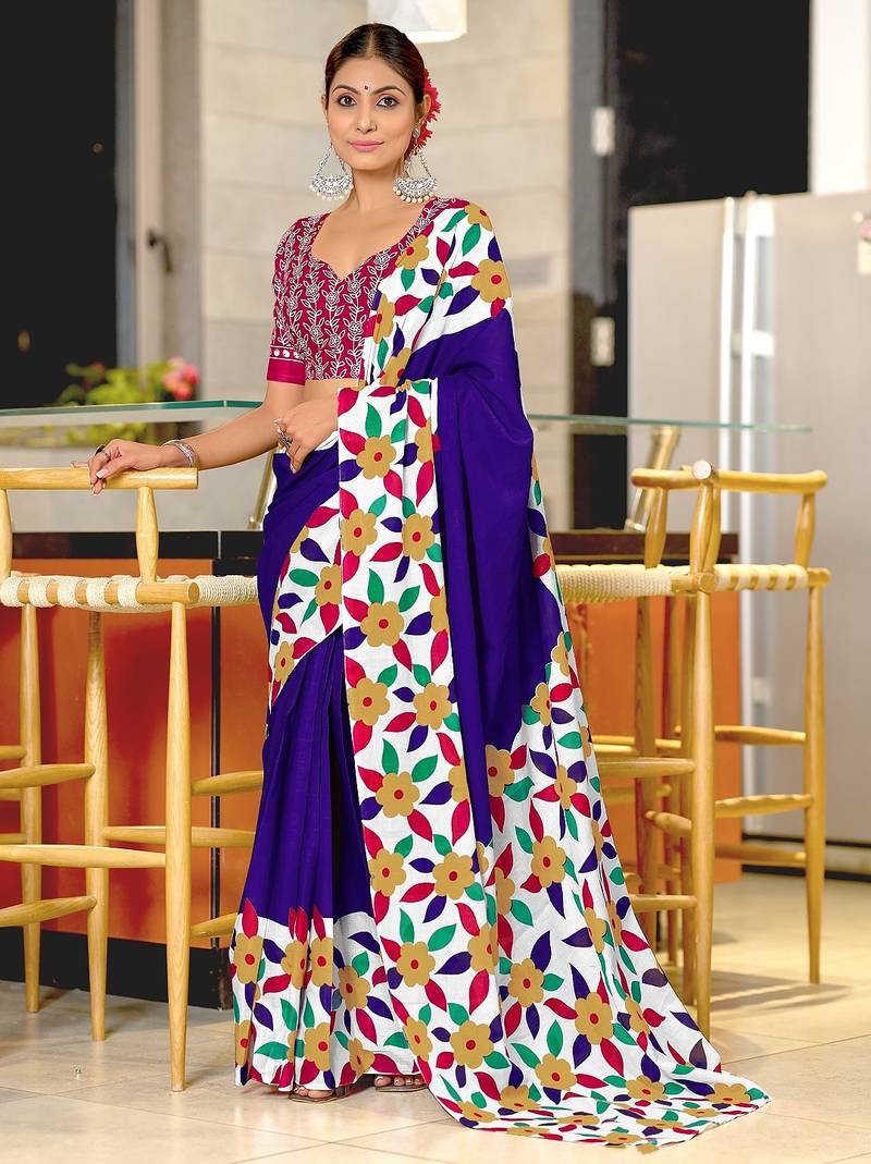 Blue floral print mulmul cotton saree with blouse.