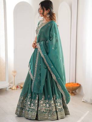 Terrific Sea Green Sequins Silk Mehendi Wear Lehenga Choli With Dupatta 5