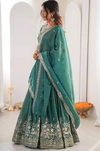 Terrific Sea Green Sequins Silk Mehendi Wear Lehenga Choli With Dupatta