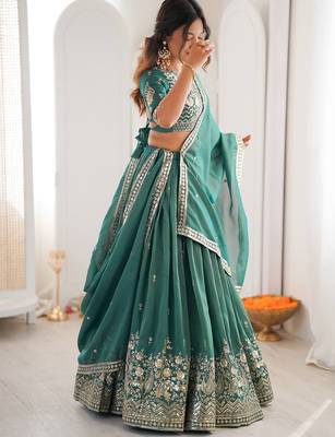 Terrific Sea Green Sequins Silk Mehendi Wear Lehenga Choli With Dupatta 6
