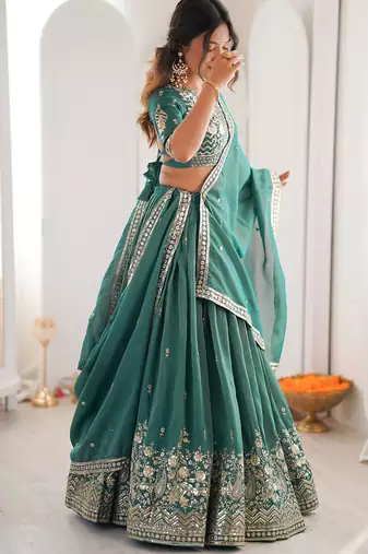 Terrific Sea Green Sequins Silk Mehendi Wear Lehenga Choli With Dupatta