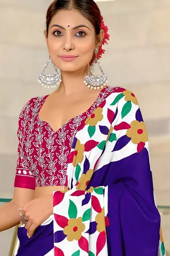 Blue floral print mulmul cotton saree with blouse.