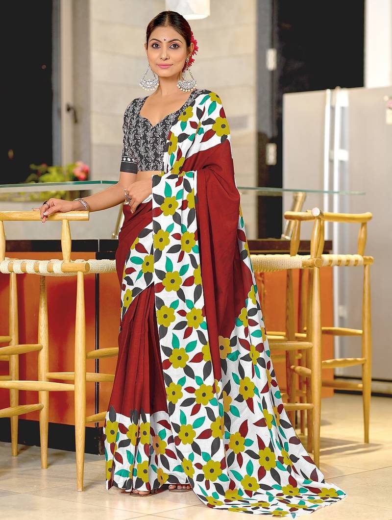 Maroon floral print mulmul cotton saree with blouse.