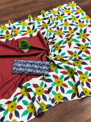 Maroon floral print mulmul cotton saree with blouse. 5