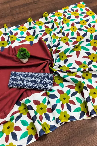 Maroon floral print mulmul cotton saree with blouse.