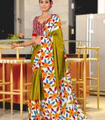 Mehendi floral print mulmul cotton saree with blouse.