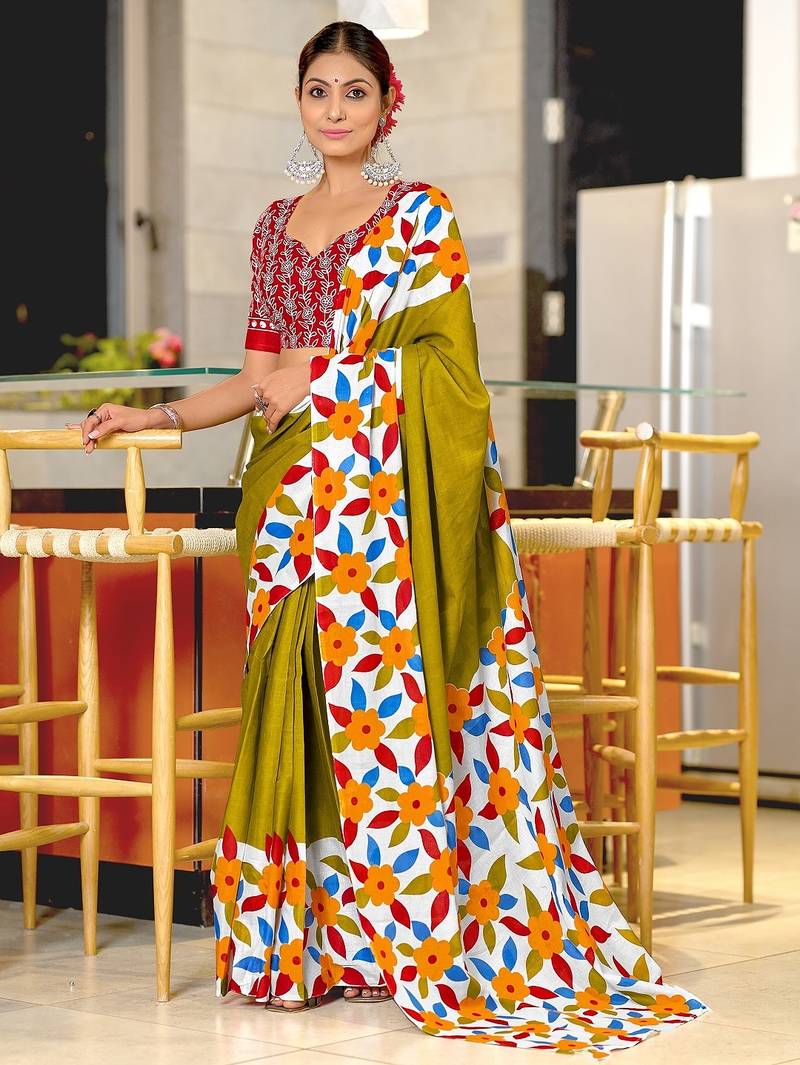 Mehendi floral print mulmul cotton saree with blouse.