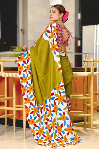 Mehendi floral print mulmul cotton saree with blouse.