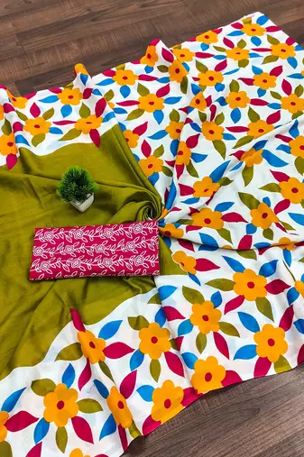 Mehendi floral print mulmul cotton saree with blouse.