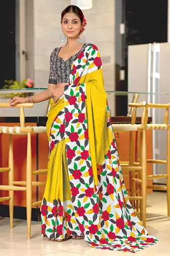 Yellow floral print mulmul cotton saree with blouse.