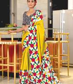 Yellow floral print mulmul cotton saree with blouse.