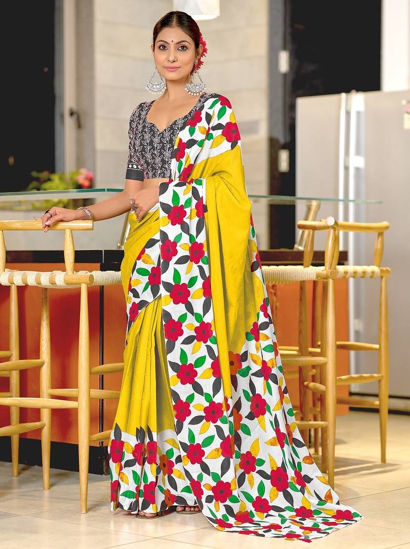 Yellow floral print mulmul cotton saree with blouse.