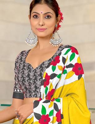 Yellow floral print mulmul cotton saree with blouse. 2