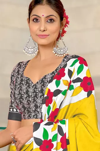 Yellow floral print mulmul cotton saree with blouse.