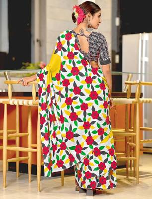 Yellow floral print mulmul cotton saree with blouse. 4