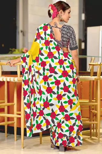Yellow floral print mulmul cotton saree with blouse.