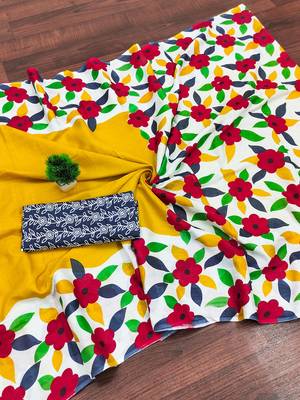 Yellow floral print mulmul cotton saree with blouse. 5