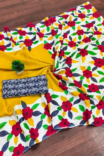 Yellow floral print mulmul cotton saree with blouse.