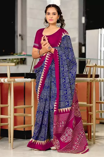 Blue block print mulmul cotton saree with blouse.