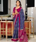 Blue block print mulmul cotton saree with blouse.