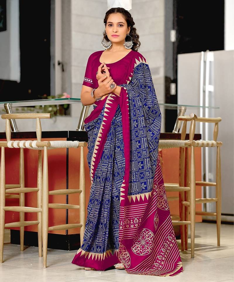 Blue block print mulmul cotton saree with blouse.