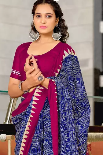 Blue block print mulmul cotton saree with blouse.