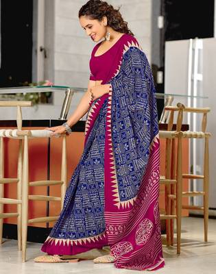 Blue block print mulmul cotton saree with blouse. 3