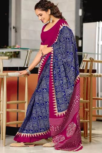 Blue block print mulmul cotton saree with blouse.