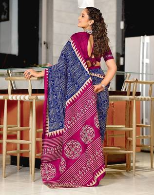 Blue block print mulmul cotton saree with blouse. 4