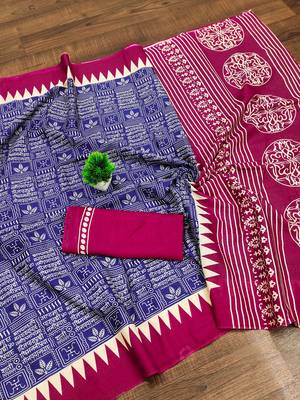 Blue block print mulmul cotton saree with blouse. 5