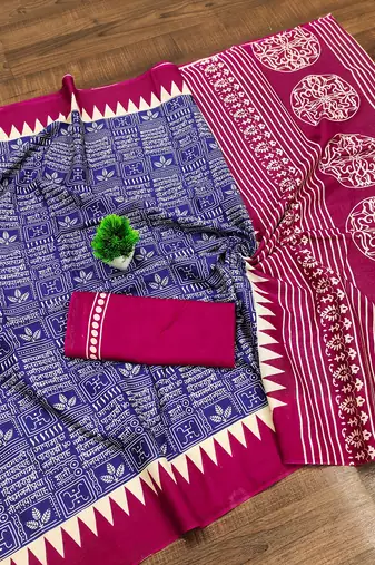 Blue block print mulmul cotton saree with blouse.