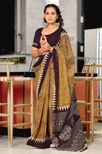 Brown block print mulmul cotton saree with blouse.