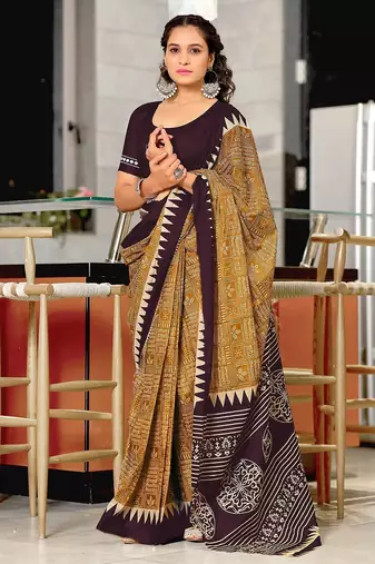 Brown block print mulmul cotton saree with blouse.