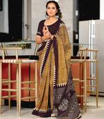 Brown block print mulmul cotton saree with blouse.