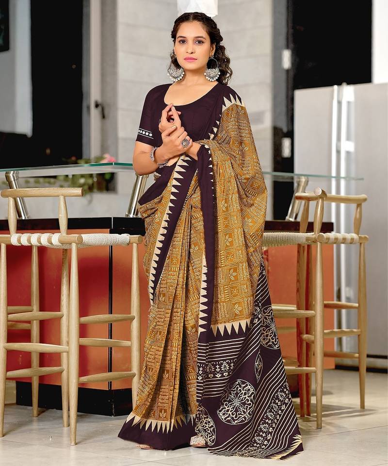 Brown block print mulmul cotton saree with blouse.