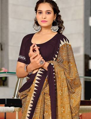 Brown block print mulmul cotton saree with blouse. 2
