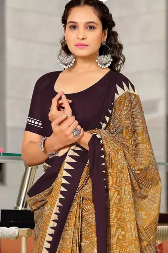 Brown block print mulmul cotton saree with blouse.