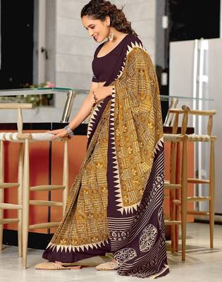 Brown block print mulmul cotton saree with blouse. 3