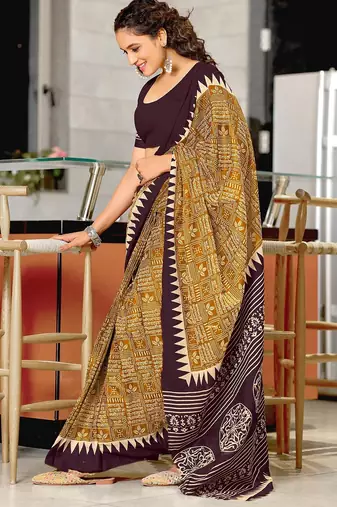 Brown block print mulmul cotton saree with blouse.