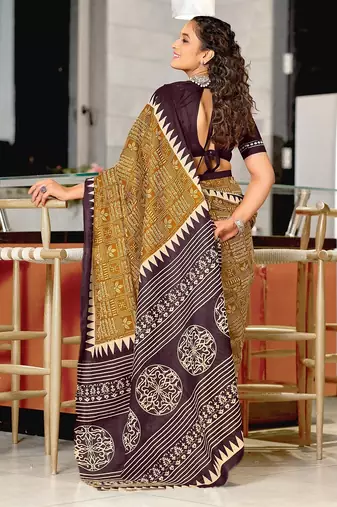 Brown block print mulmul cotton saree with blouse.