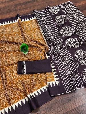 Brown block print mulmul cotton saree with blouse. 5