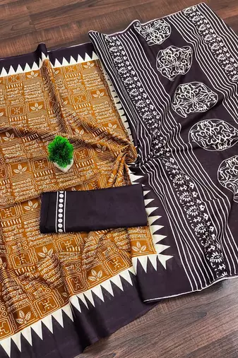 Brown block print mulmul cotton saree with blouse.