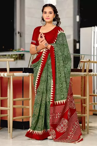 Green block print mulmul cotton saree with blouse.