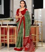 Green block print mulmul cotton saree with blouse.