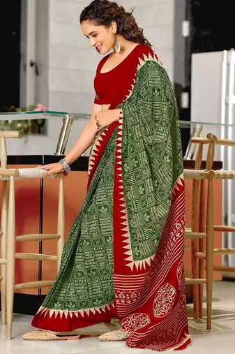 Green block print mulmul cotton saree with blouse.