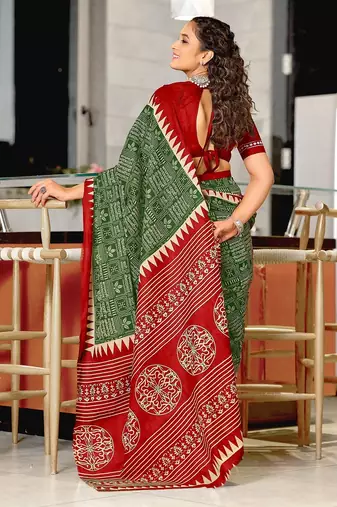 Green block print mulmul cotton saree with blouse.