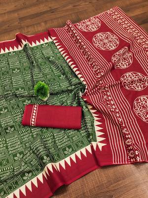 Green block print mulmul cotton saree with blouse. 5