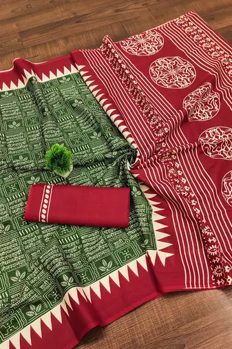 Green block print mulmul cotton saree with blouse.